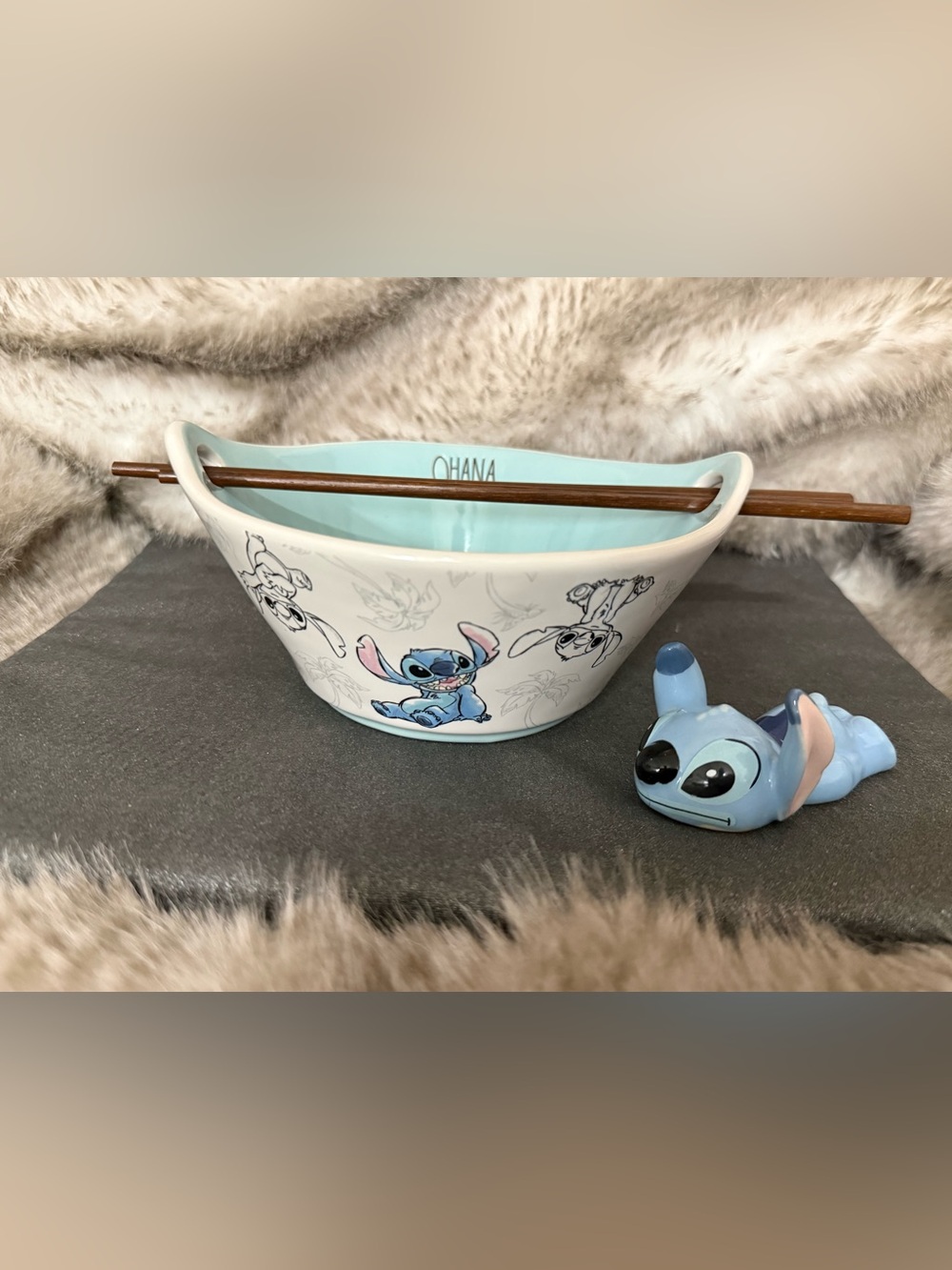 Rae Dunn Disney Ramen Bowl with Chopsticks and Holder - Stitch Ohana